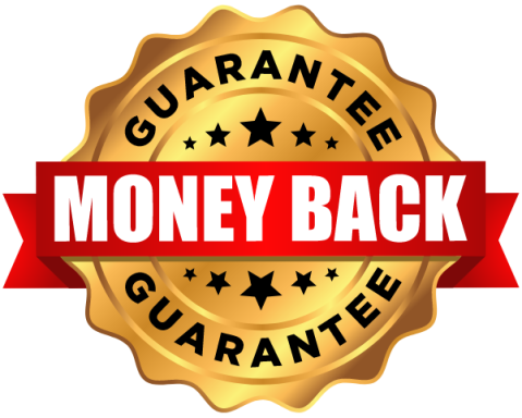 Gold seal with "Money Back Guarantee" text in bold red, surrounded by black stars.